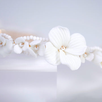 Faux Pearl Porcelain/Ceramic White Flower Floral Serenade Pearl Bridal Headband, Bridal Hair Vine, Delicate Headband, Hair accessories.